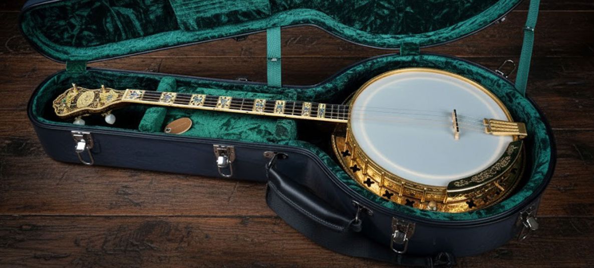 epiphone deluxe tenor banjo inside a Rioga fibreglass banjo case