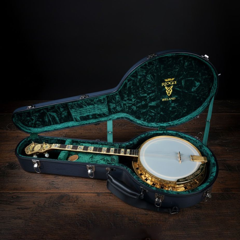 epiphone deluxe tenor banjo inside a rioga fibreglass tenor banjo case